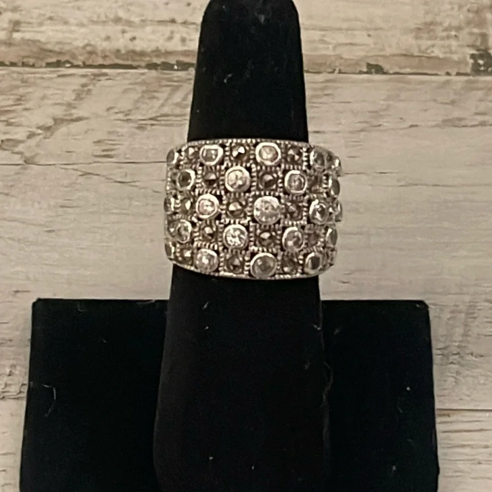 Sterling Silver Marcasite Crystal Wide Band Statement Ring